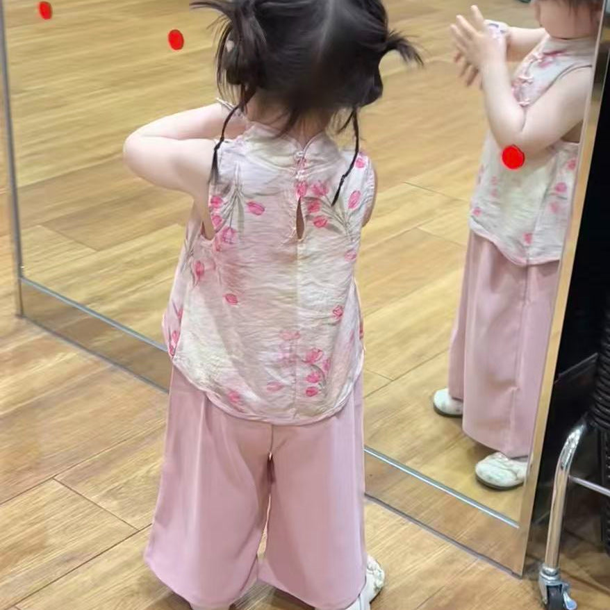Drunk Peach Blossom Chinese Style National Pink Jacquard Cheongsam Pants Children's Suit