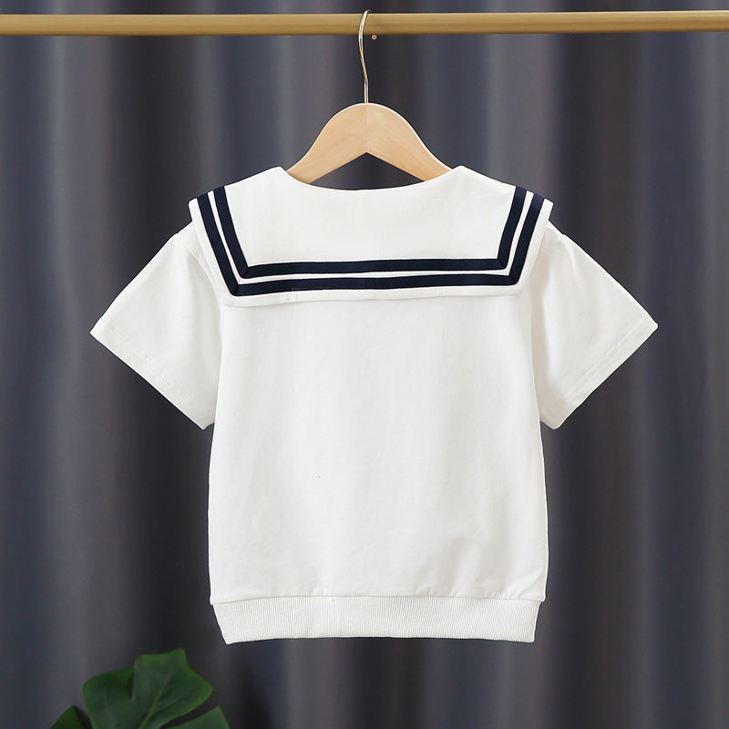 Children's Clothing Short-sleeved Thin Summer Navy Style Lapel Princess Bottoming Shirt Children's T-shirt
