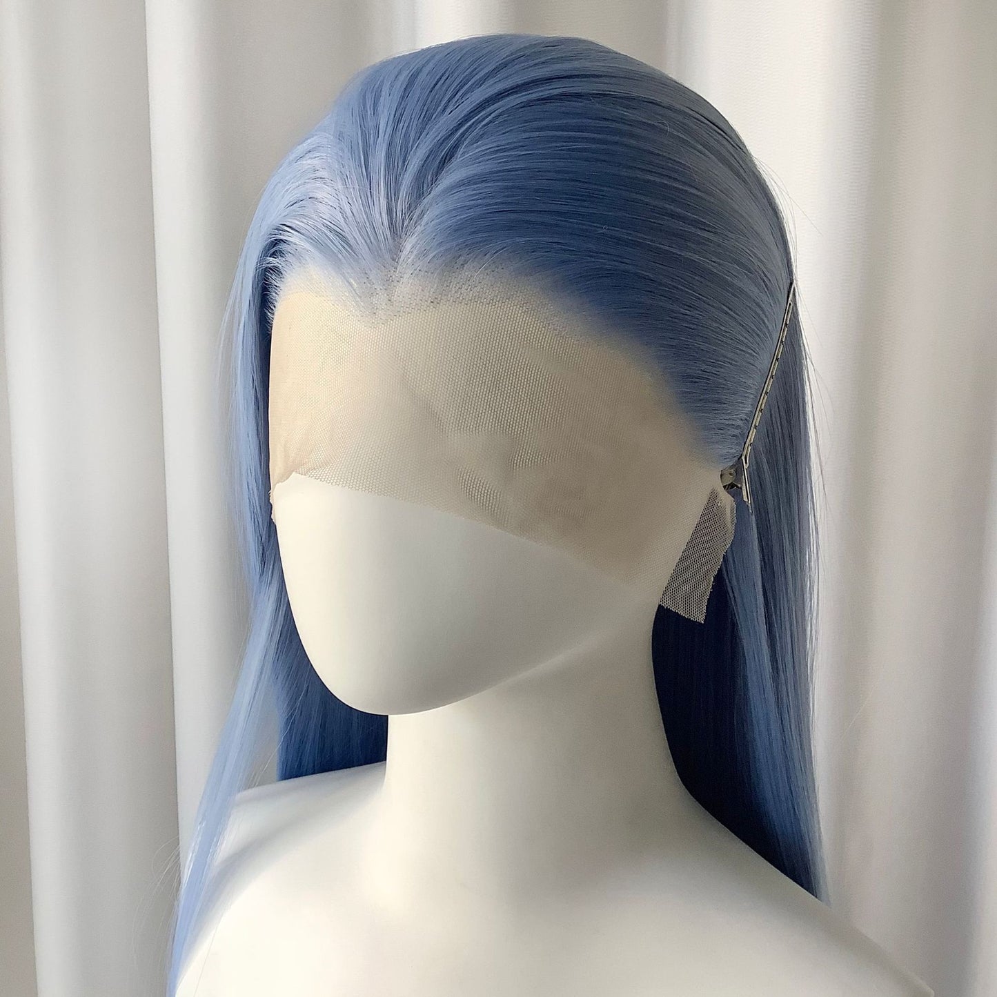 Universal Blue Color Head Cover Hand Crochet Embryo Forehead Lace Long Straight Wig