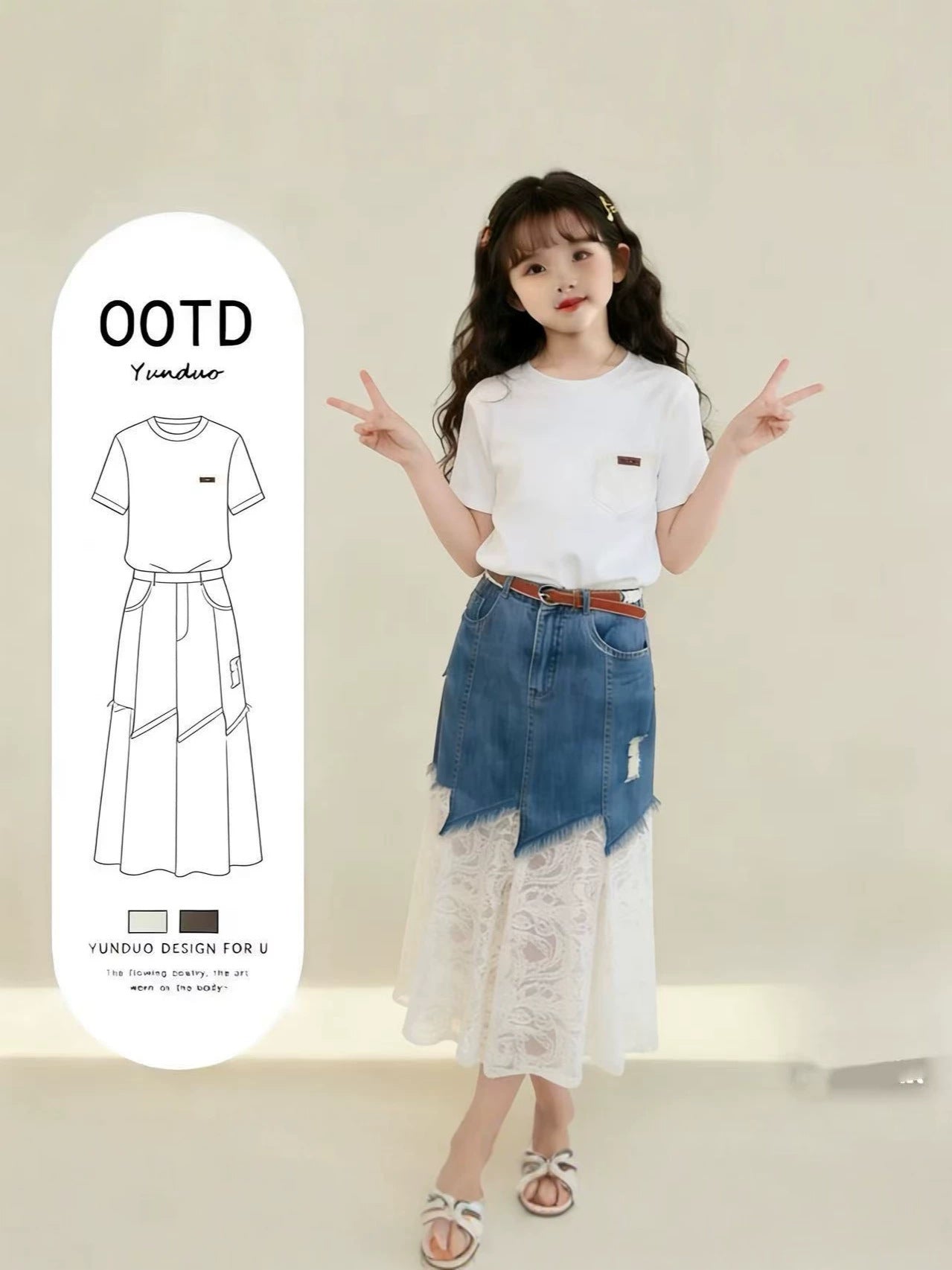 Children's Summer Short-sleeved Denim Lace Skirt Western Children's Suit