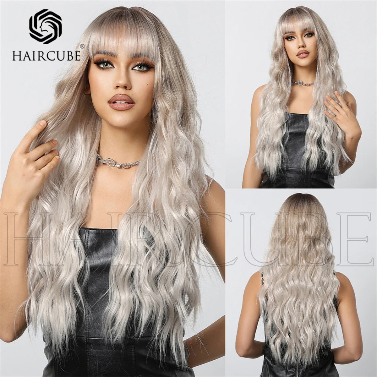 Dark Brown White Gold Color Highlight Wig Long Curls