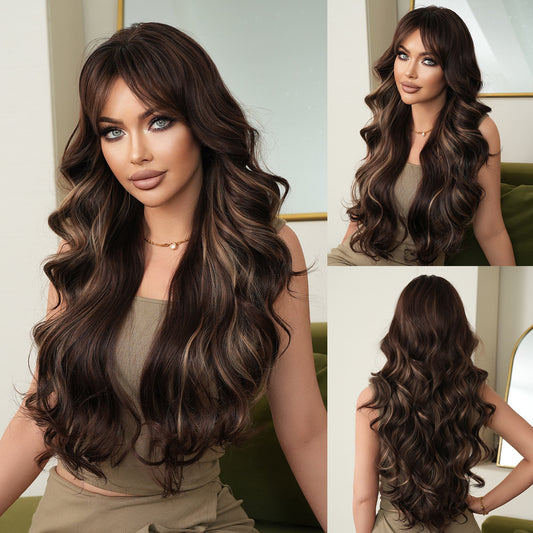 Women's Bangs Brown Dyed Honey Gold Whole Head Wig Long Curls