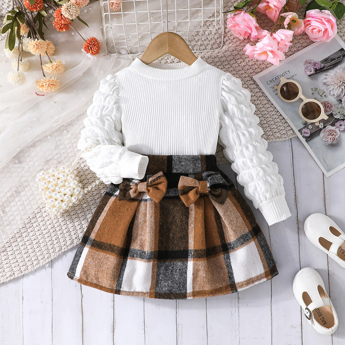 Puff Sleeve Top Plaid Skirt Fashion Children's Suit