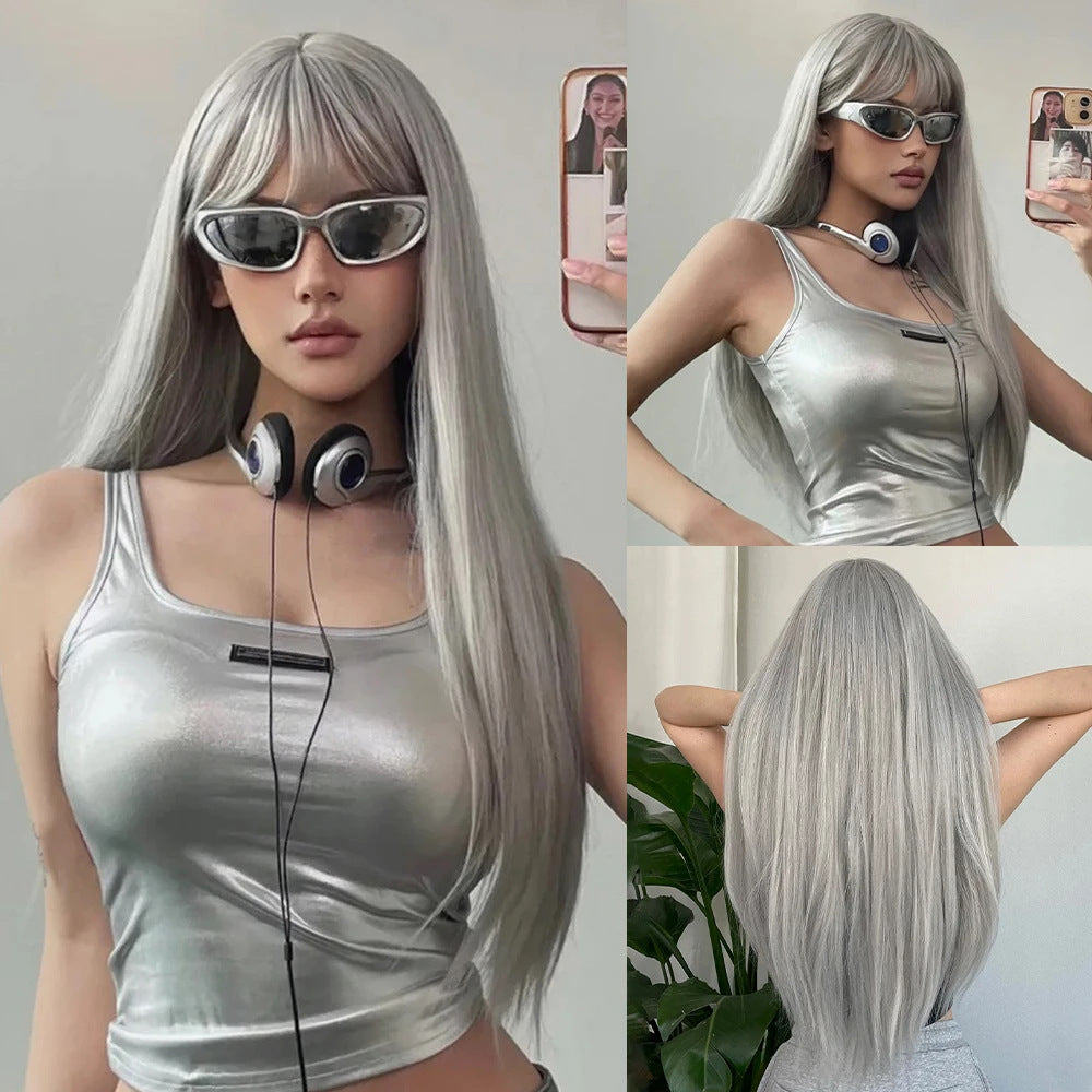 Bangs Champagne Brown Hair Dignified Goddess Chemical Long Straight Wig