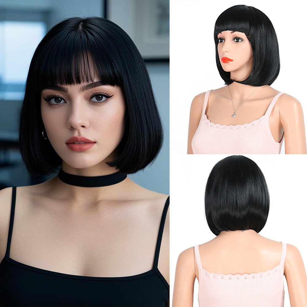 Women's Fashion Long Black Head Cover With Wig Short Straight Hair