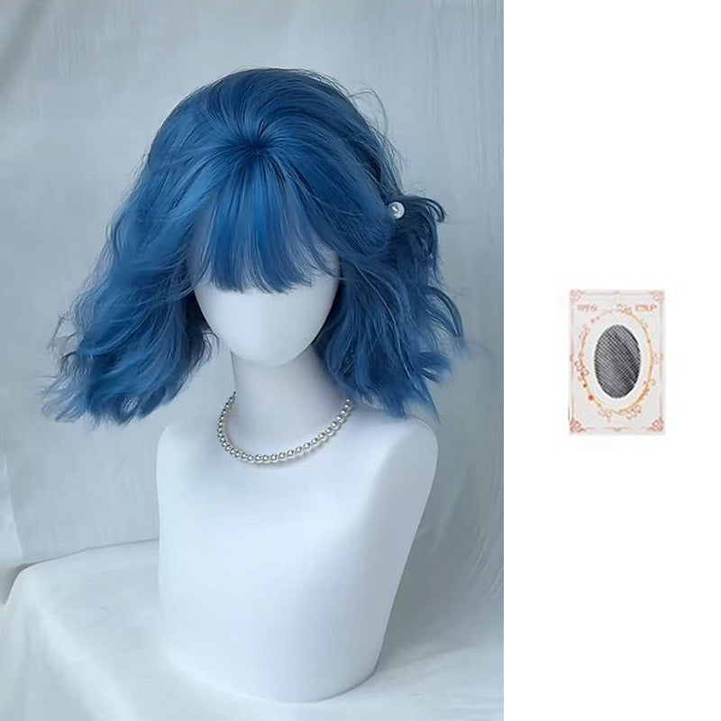 Sea Blue Bangs Small Curls Daily Wig Short Curly Hair