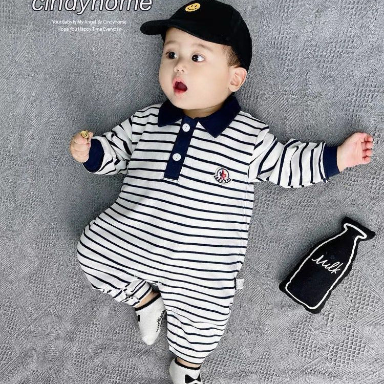 Striped Jumpsuit Pure Cotton Romper Boy's Lapel Jumpsuit, Climbing Suit