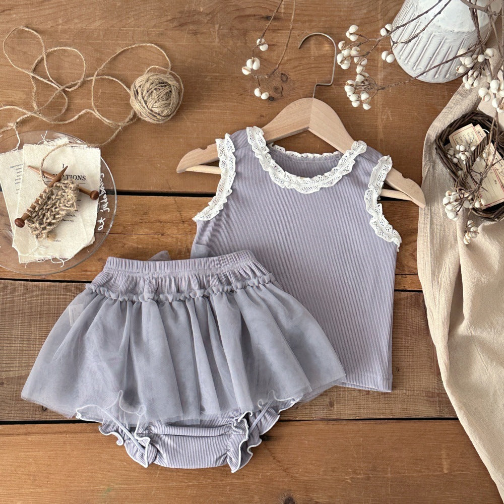 Sleeveless T-shirt Bottoming Shirt Yarn Skirt Princess Two-piece Children's Suit