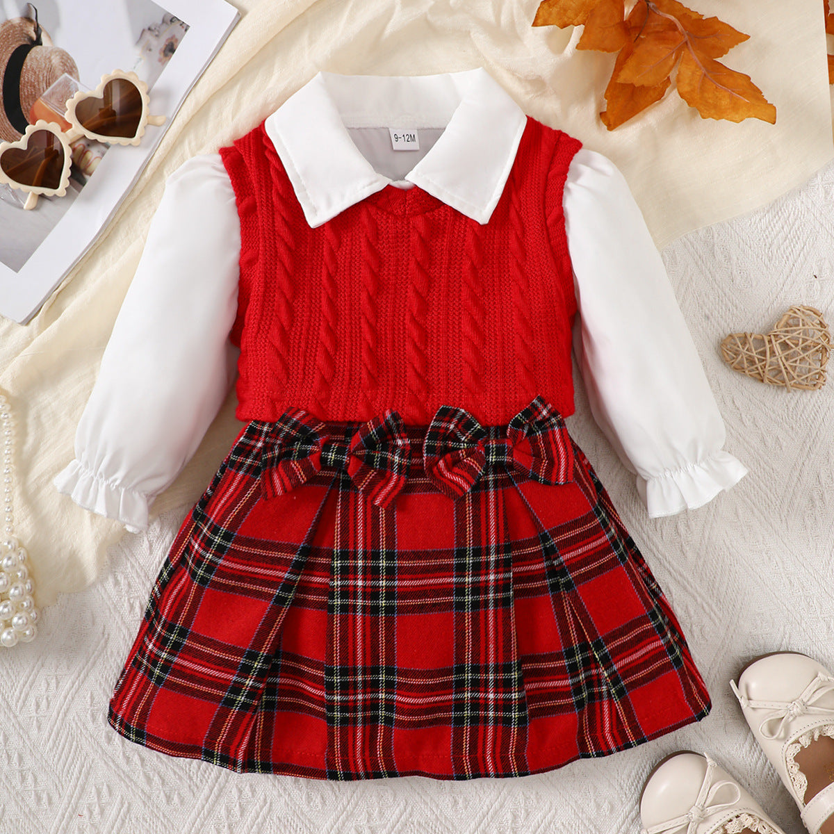 Autumn Preppy Style Long Sleeve Inner Fir Plus Sleeveless Sweater Children's Suit
