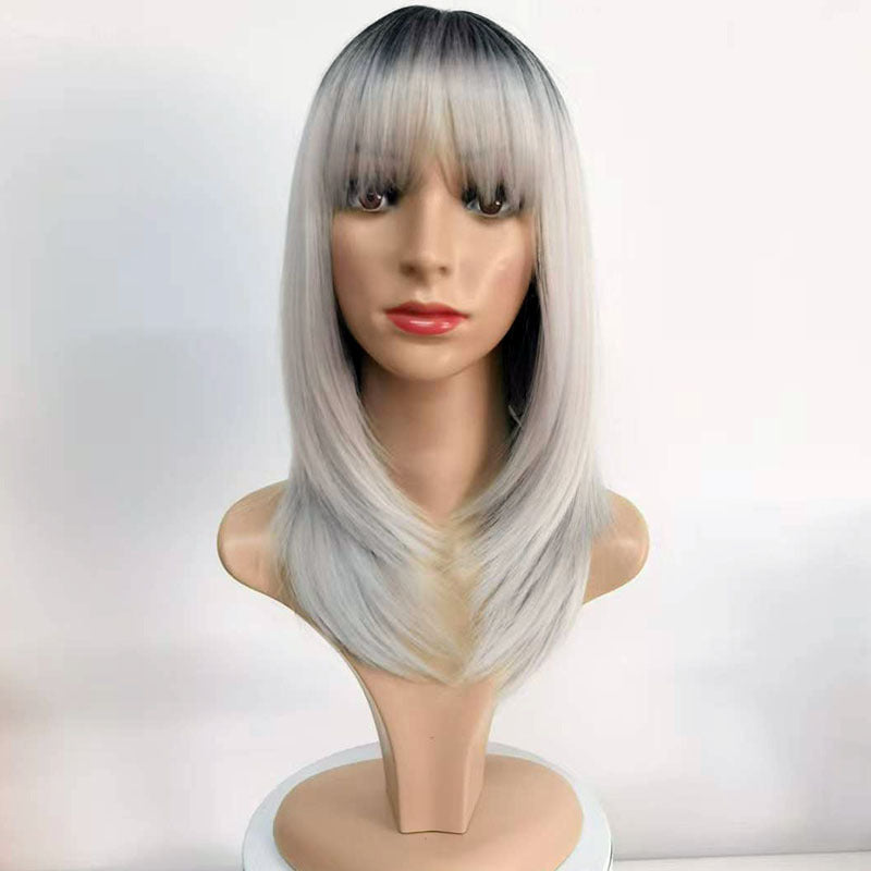 Women's Gradient Gray Mid-length Bangs Fiber High-level Collarbone Length Wig Short Straight Hair