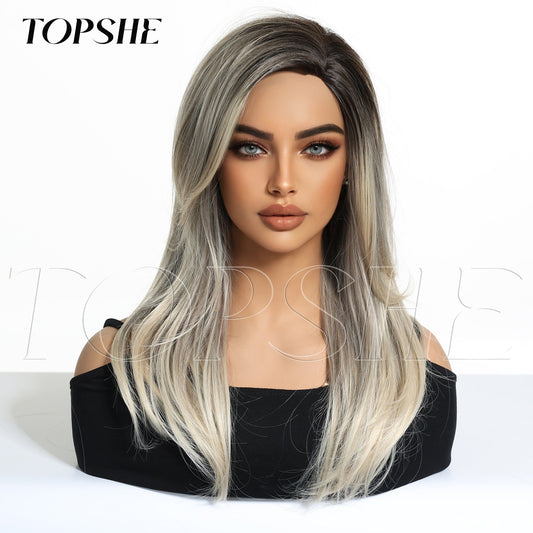 Gradient Highlight Split French Bangs Medium Hair Chemical Fiber Long Straight Wig