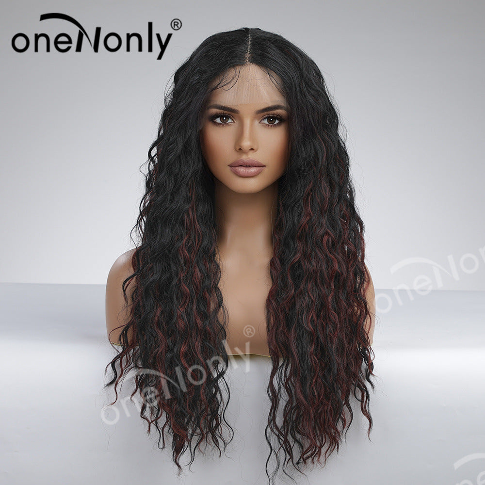 Wine Red Mixed Color Front Lace Wigs With Small Curly Wig Long Curls