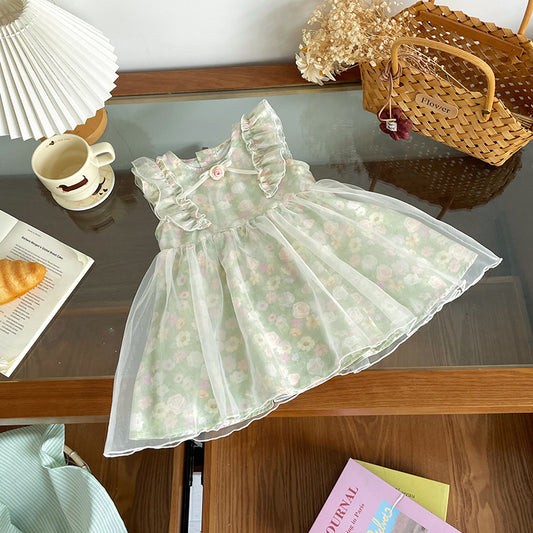 Children's Summer Floral Print With Green Background Children's Dress