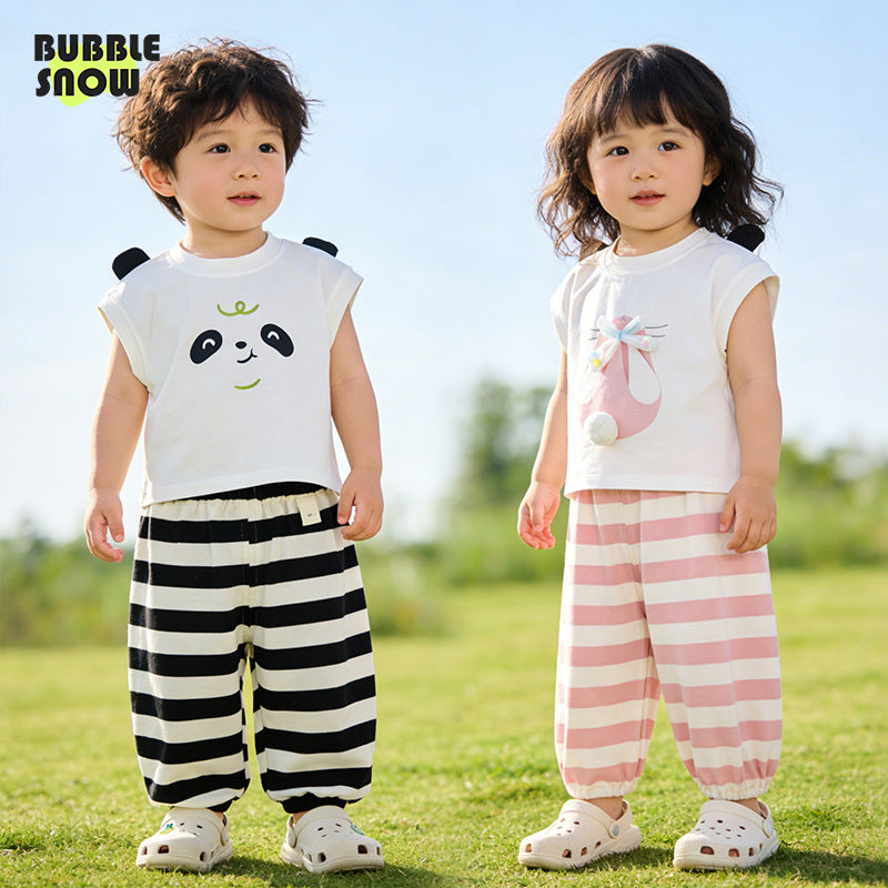 Boys Summer Panda Vest Casual Striped Children's Suit