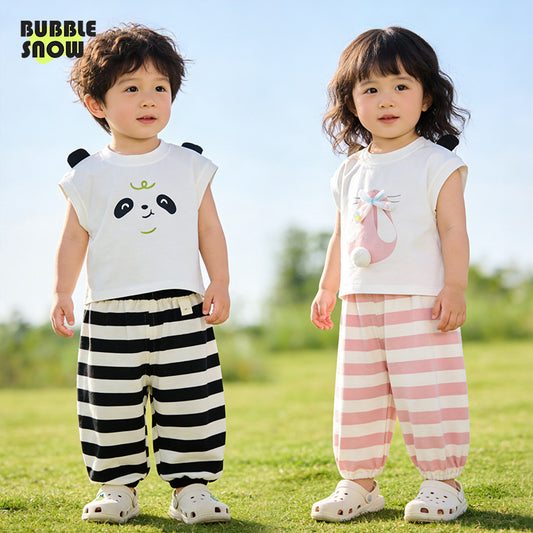 Boys Summer Panda Vest Casual Striped Children's Suit