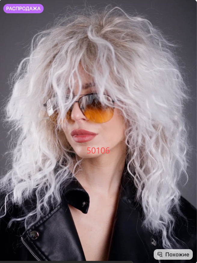 Women's Fashion Gray White Mixed Color Short Curly Hair Side Bangs Long Straight Wig