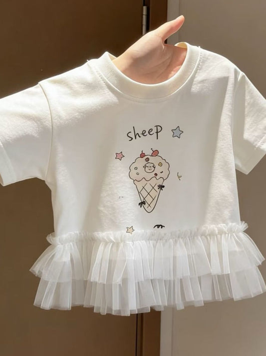 Children's Summer Cute Ice Cream Pattern Lace Edge Children's T-shirt