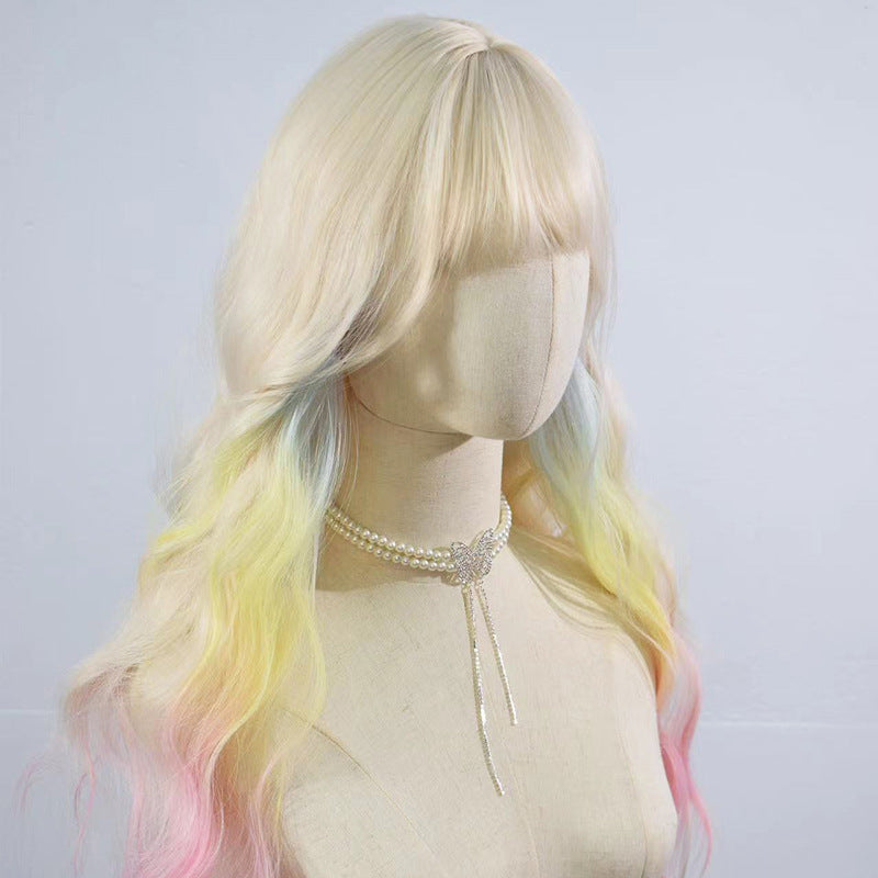 Women's Rainbow White Pony Hair Cover Curly Artificial Human Dyed Temperament Wig Long Curls