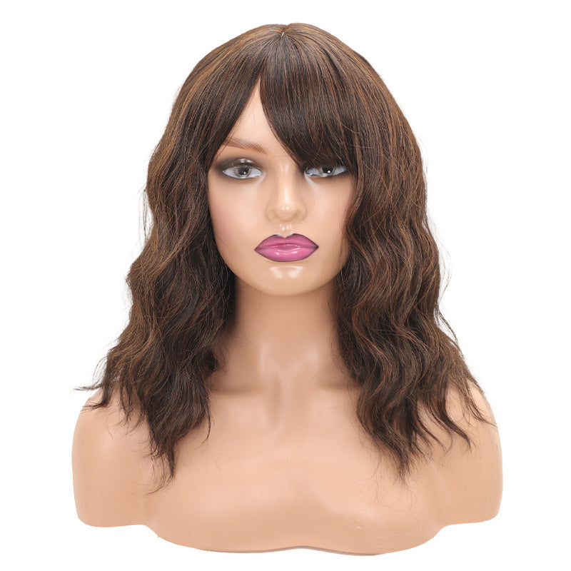 Women's Wine Red Water Ripple Medium Thin Wig Short Curly Hair