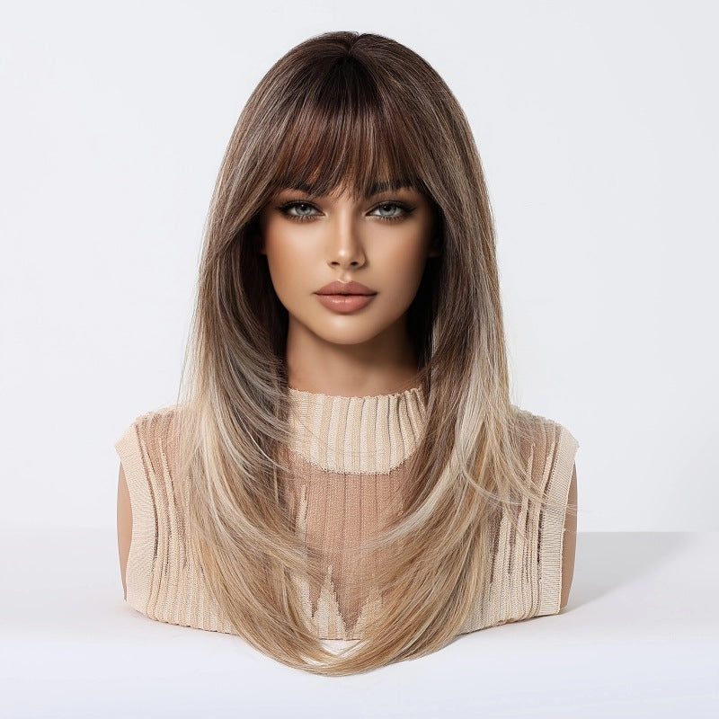 Brown Gradient Bangs Top Dyed Layered Long Straight Wig