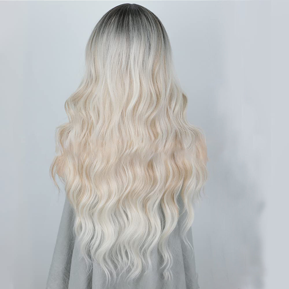 Gradient White Gold Female Middle Curly Synthetic Wig Long Curls