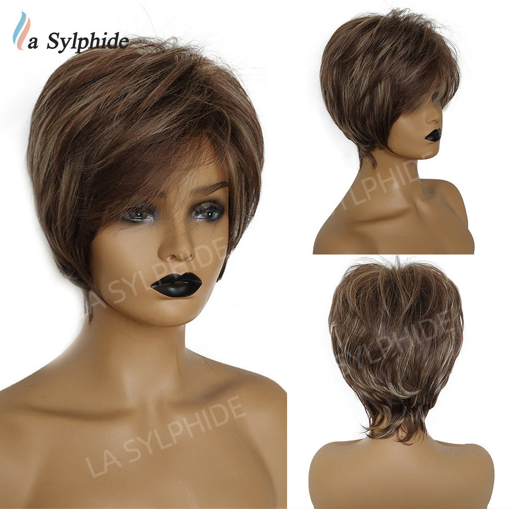 Female Brown Gradient Golden Mechanism Fiber Wig Short Straight Hair