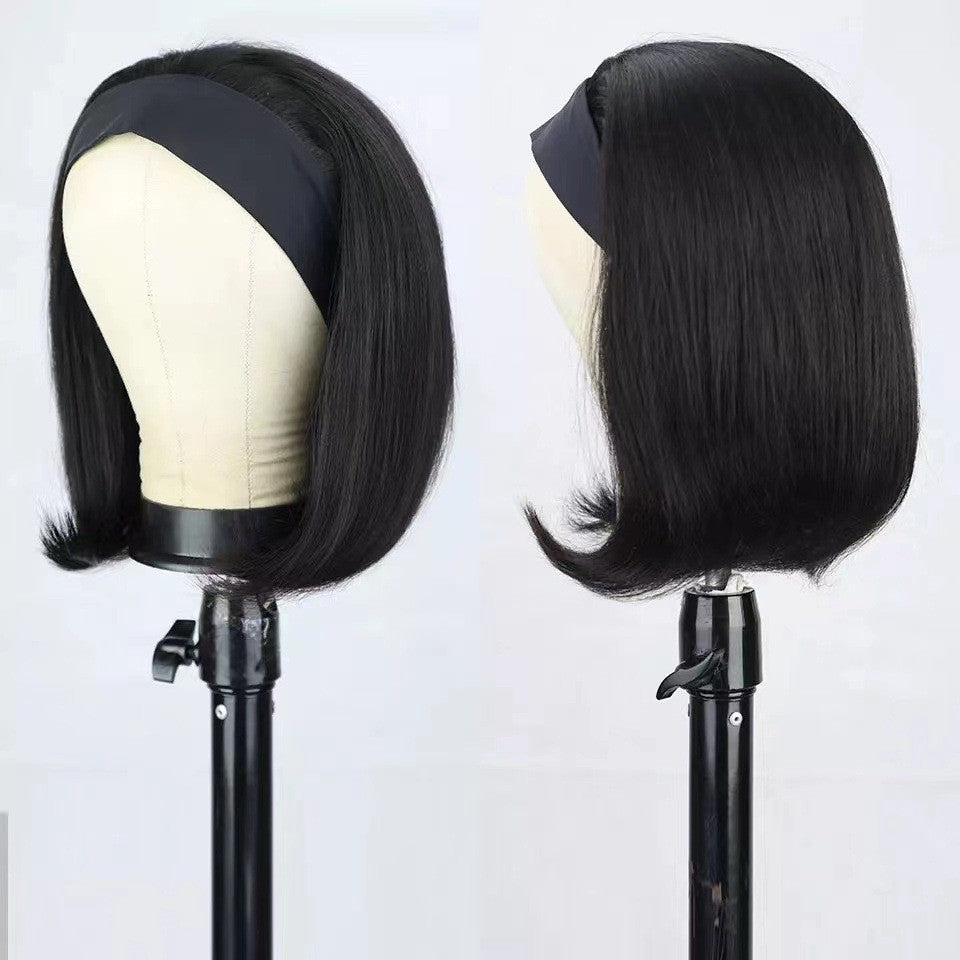 Women's Black Ice Ribbon Inner Buckle Head Wig Short Straight Hair