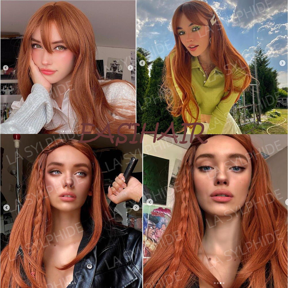 Red Brown Hair Side Bangs Female Mechanism Long Straight Wig