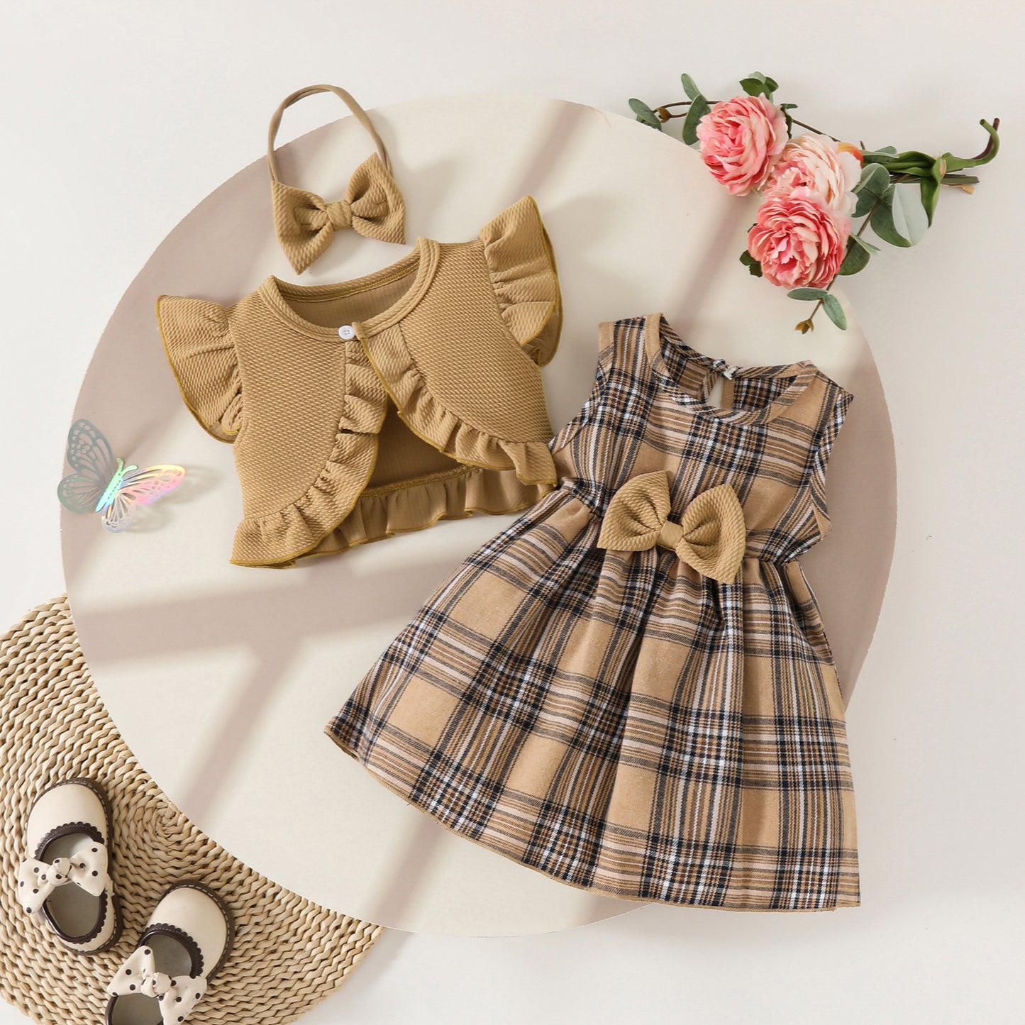 Set Sleeveless Ruffled Cropped Coat Top Plaid Children's Suit