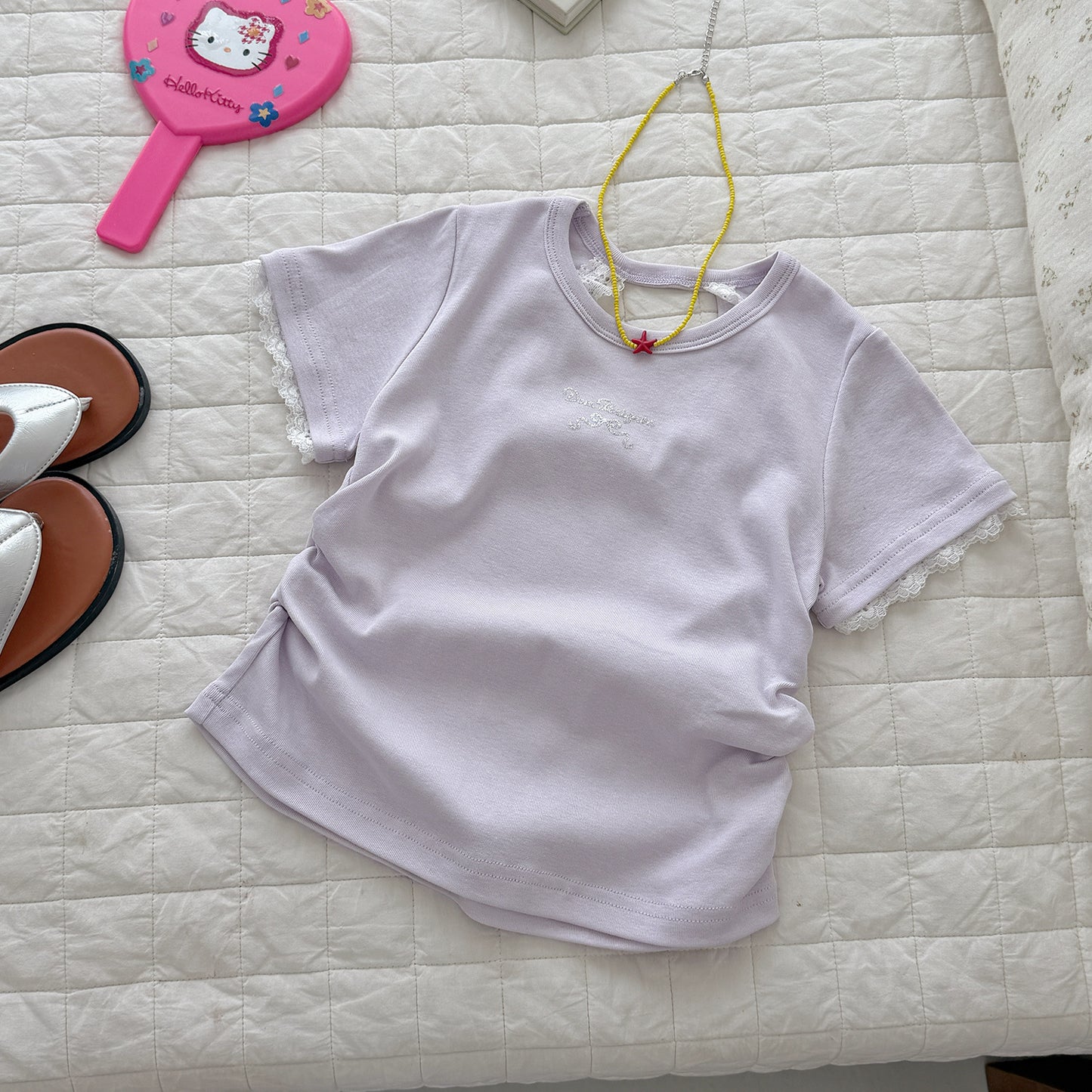 Children's Xie Summer Short-sleeved Lace Solid Color Bottoming Children's T-shirt