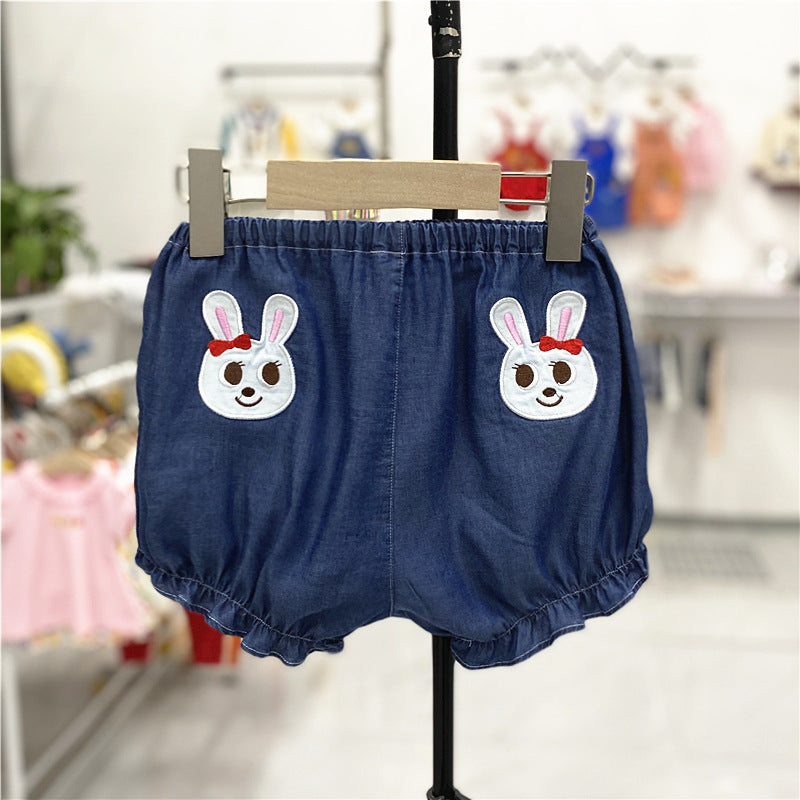 Children's Soft Embroidered Denim Bear Bunny Shorts Big Outer Children's Pants
