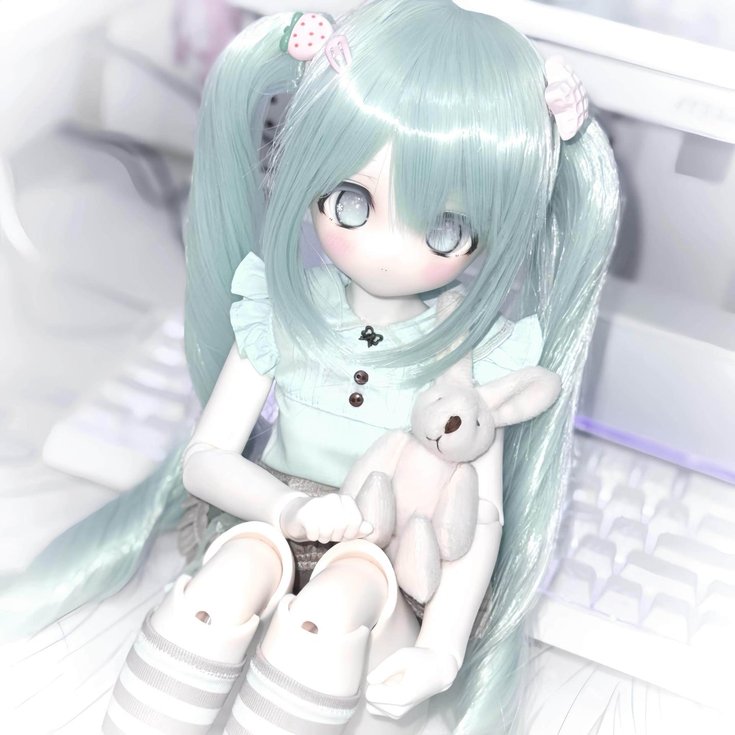 Lake Water Green Color Bangs Long Straight Hair Embryo Cos Wig