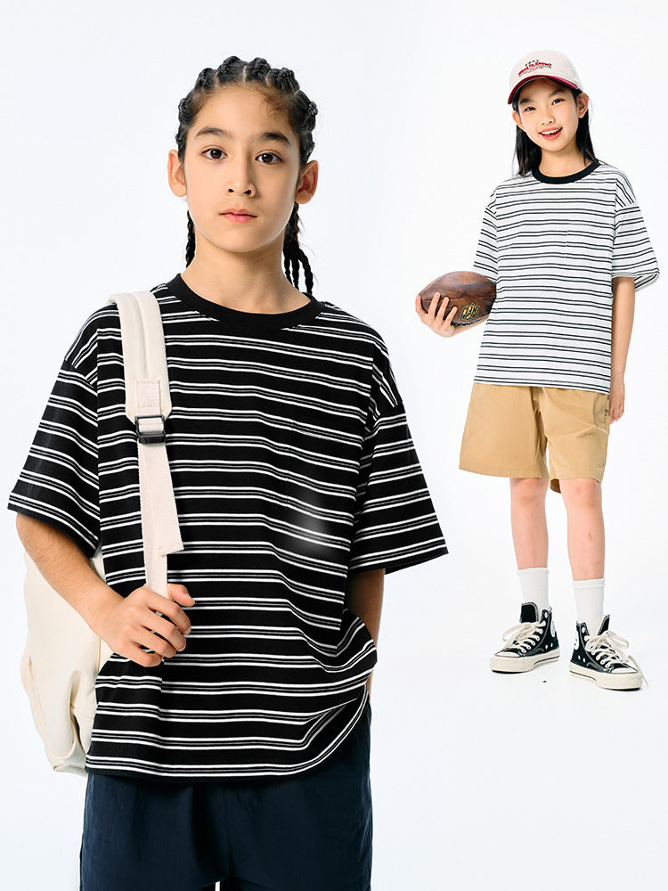 Children's Boys Vintage Stripe Half Sleeve Short Medium Big Casual Children's T-shirt