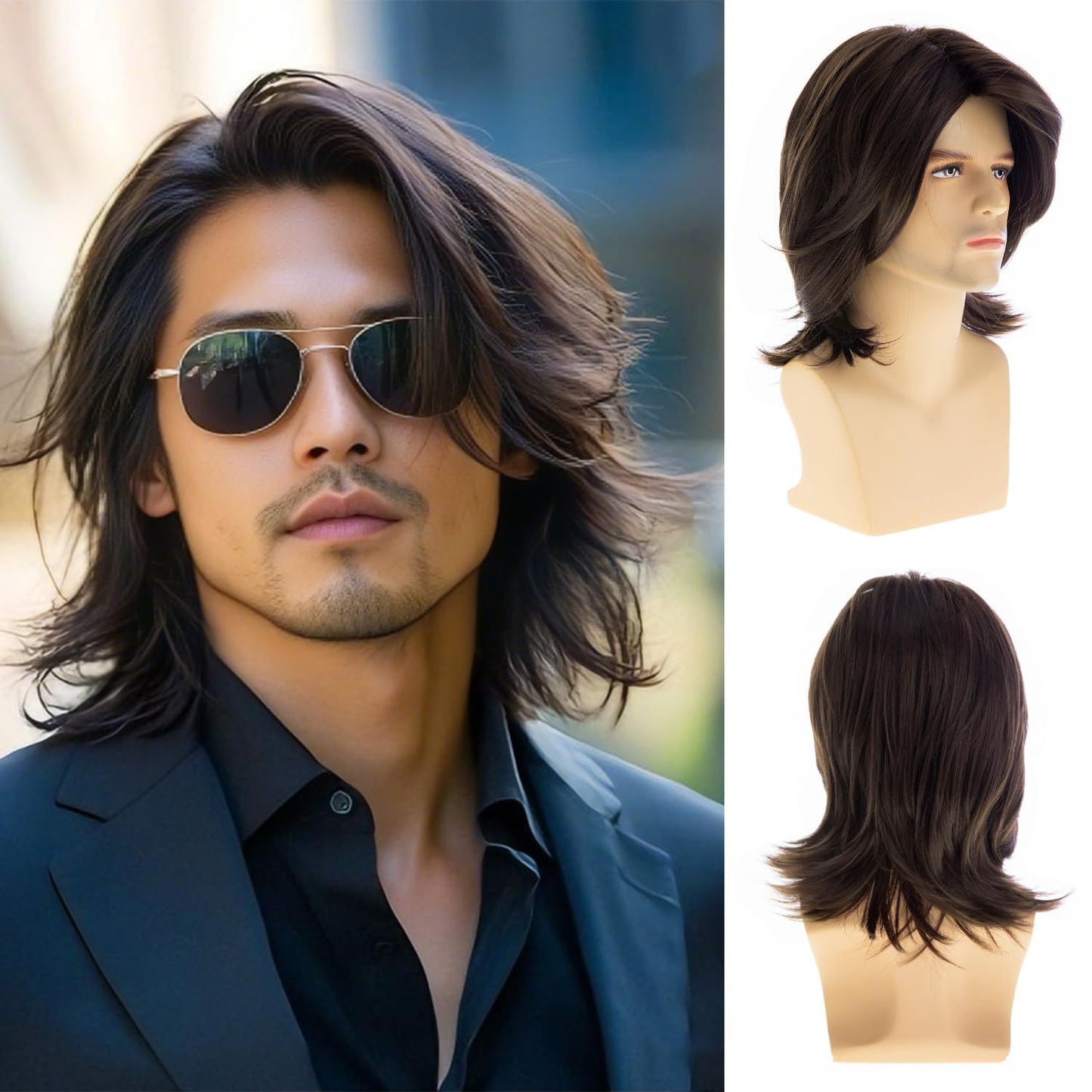 Men's Brown Mid-length Hair Layer Chemical Fiber Men's Wig