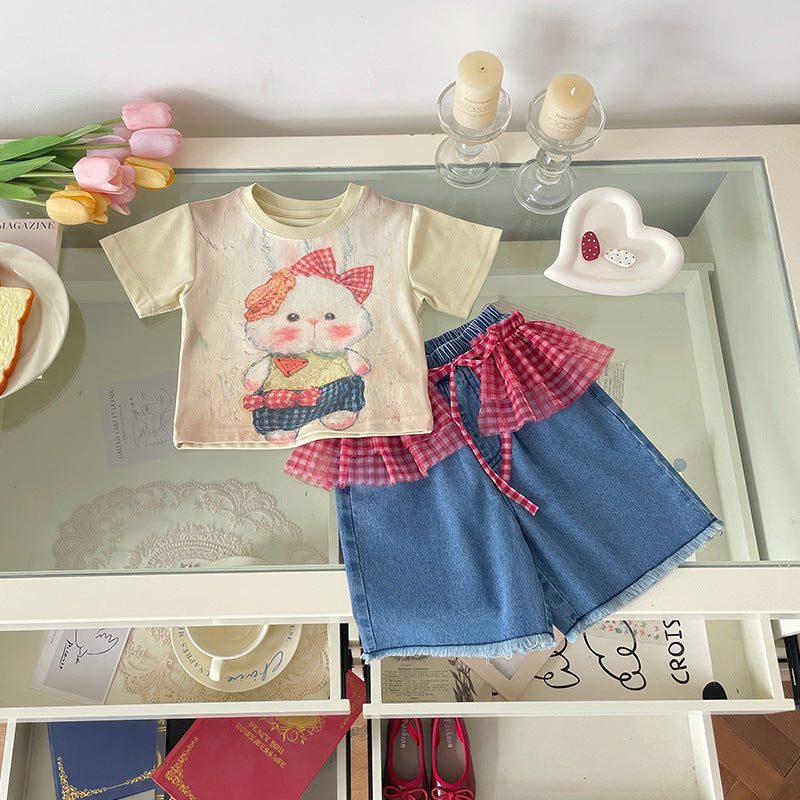 Children's Oil Painting Rabbit T-shirt Fart Curtain Children's Suit