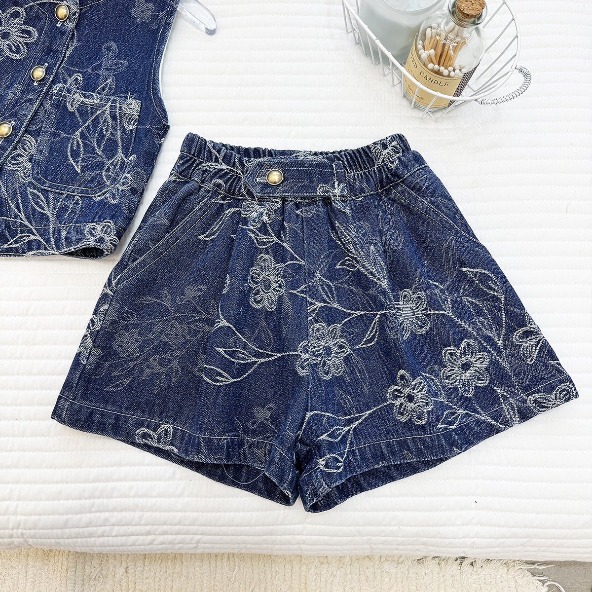 Printed Jeans Summer Stylish Korean Sleeveless Vest Shorts Two-piece Children's Suit