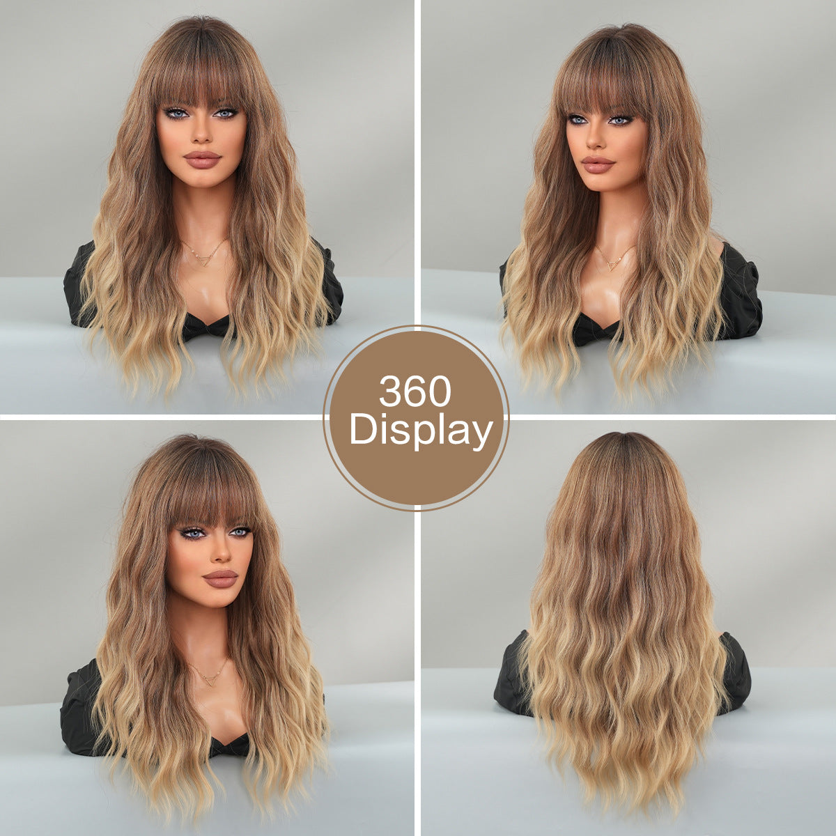 Gradient Brown Mid-length Wavy Curly Hair With Bangs On The Other Wig