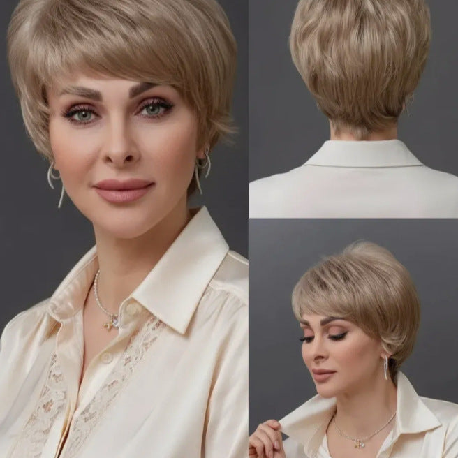 Women's Fashion Gray White Mixed Color Short Curly Hair Side Bangs Long Straight Wig