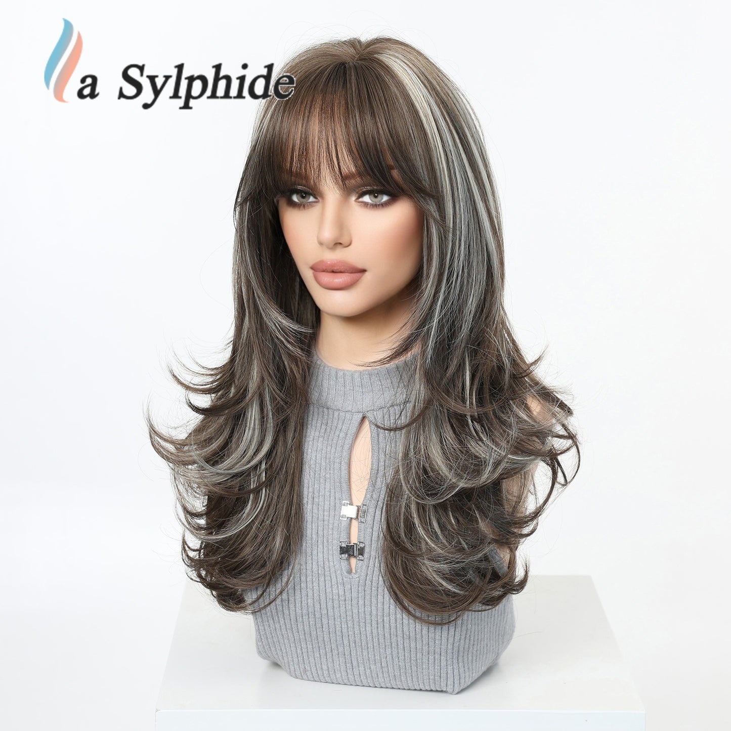 Female Brown Sier Gray Dyed Curly Hair Wig Long Curls