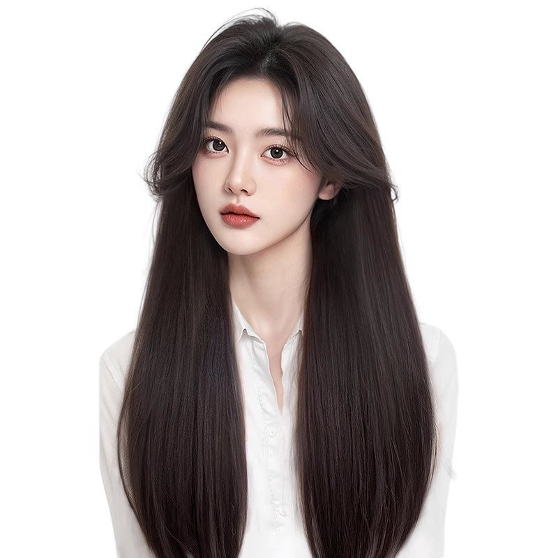 Hair Net Female Natural Cold Feeling Bangs Black Fluffy Artificial Long Straight Wig