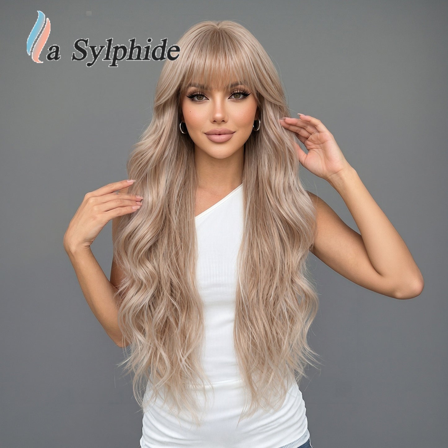 Bangs Super Water Ripple Milk Tea Brown Wig Long Curls