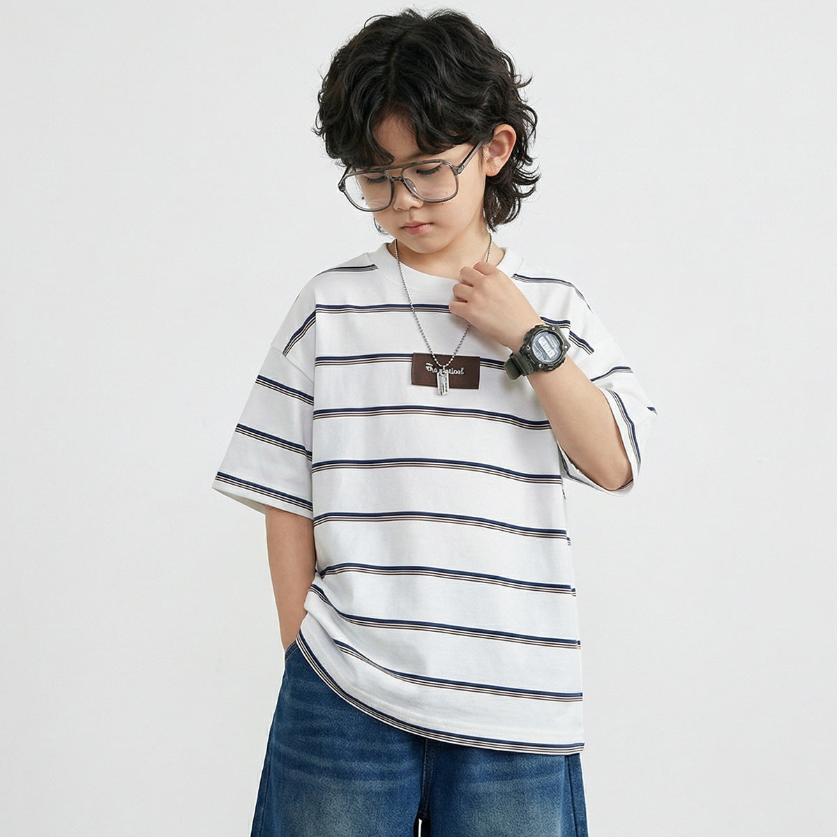 Children's Summer Clothes Middle Big Short-sleeved Striped Children's T-shirt