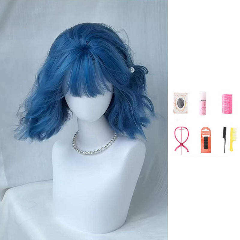 Sea Blue Bangs Small Curls Daily Wig Short Curly Hair