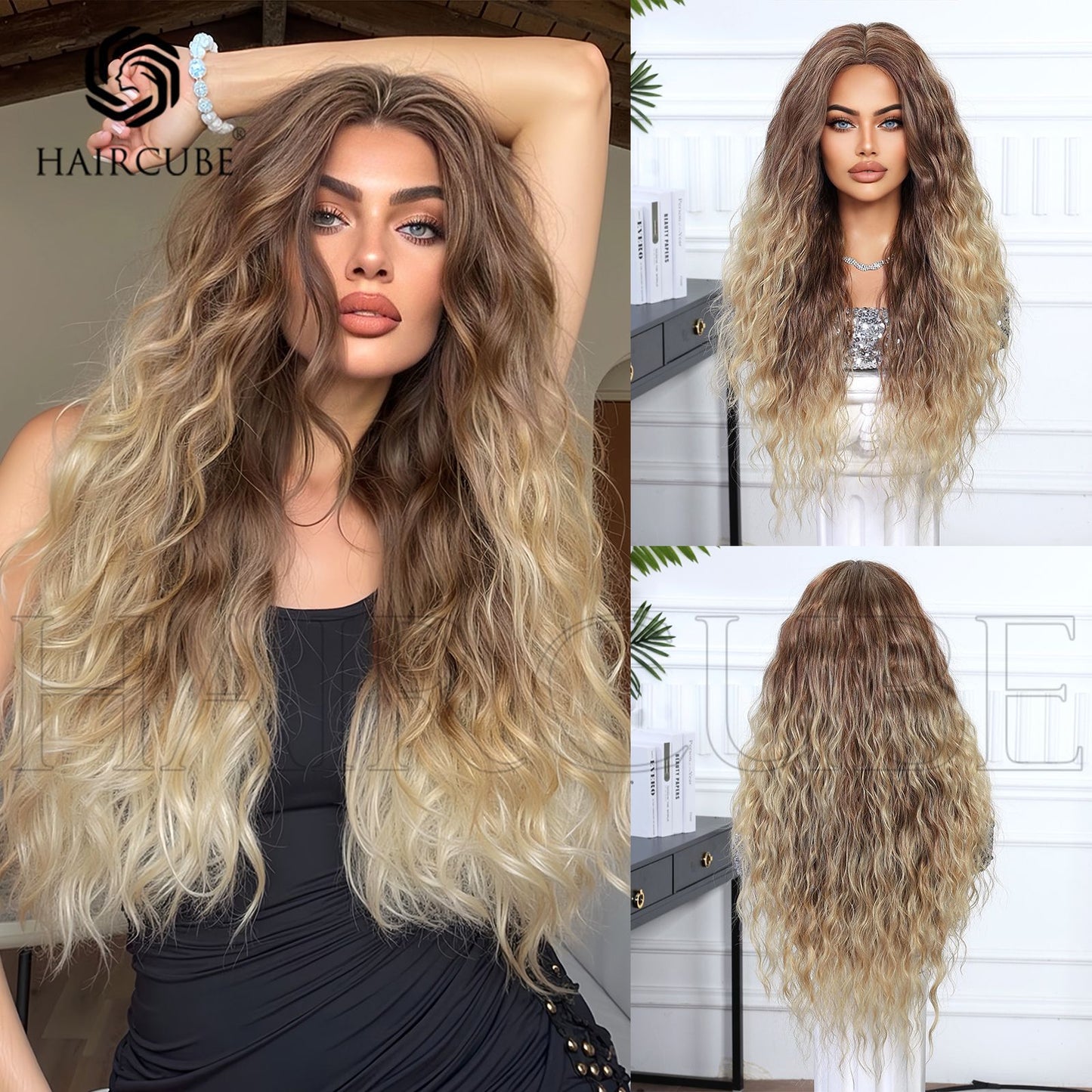 Gradient Dyed Mid-point Temperament Head Cover Female Wig Long Curls