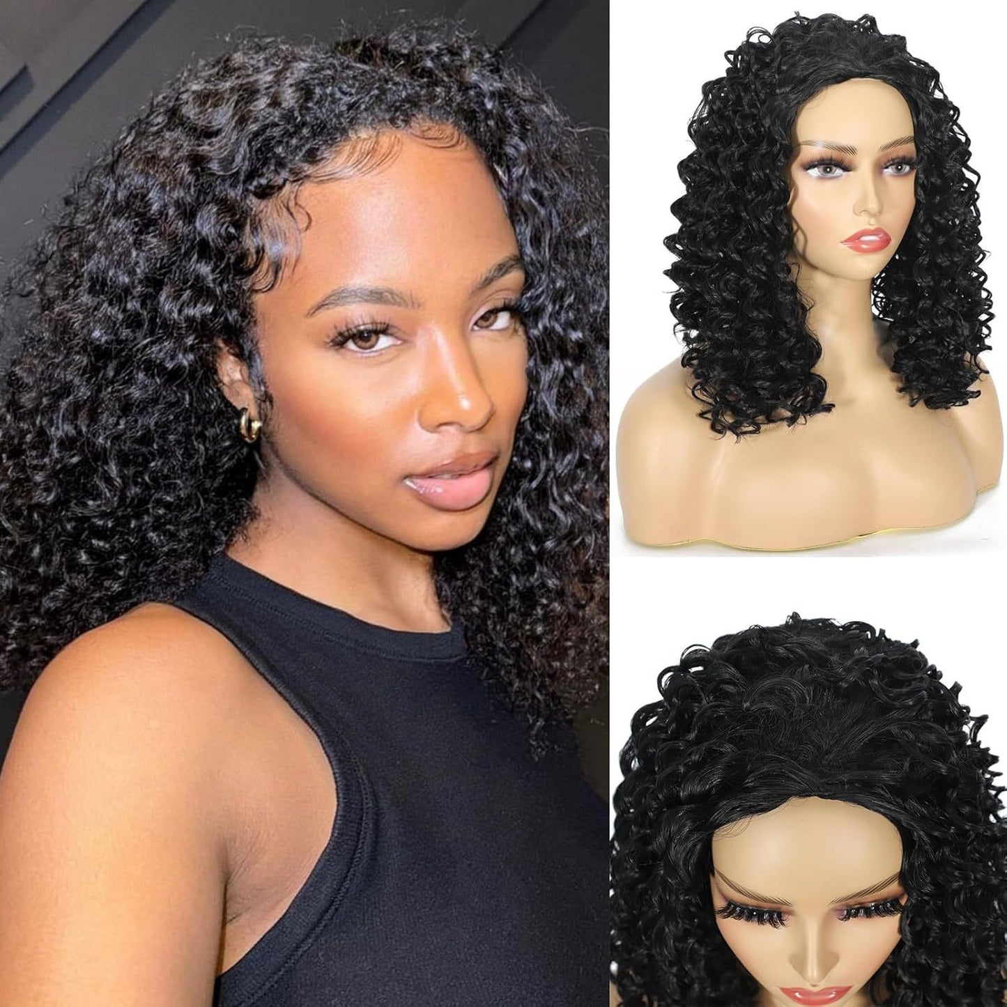 Women's Black Hair Three-in-one Synthetic Wigs Long Straight Wig
