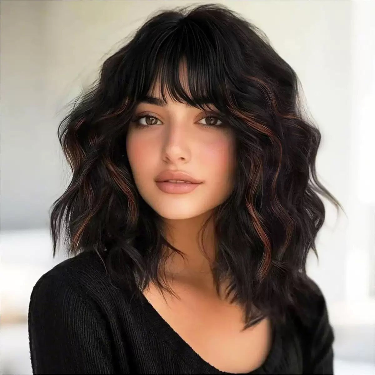 Women's Mid-length Straight Bangs Water Ripple Fashion Wig Short Curly Hair