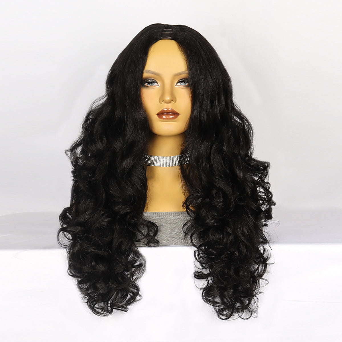 Women's Chemical Fiber Half Headgear Black Fluffy Wig Long Curls