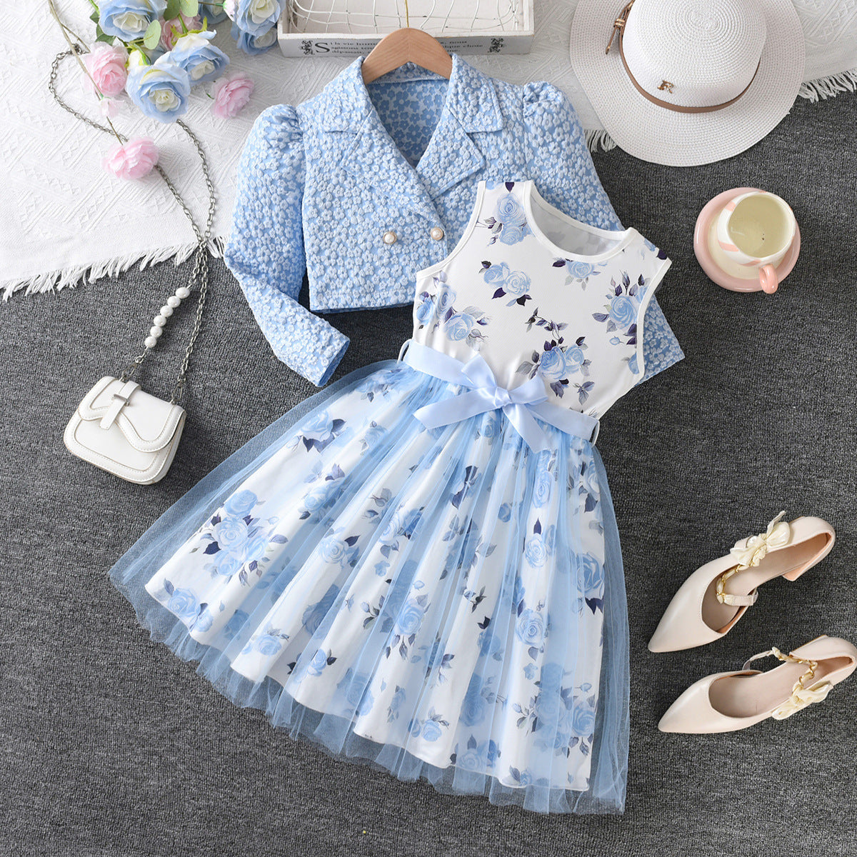 Children's Dress Sky Blue Rose Vest Classic Style Turn-down Collar Coat Children's Suit
