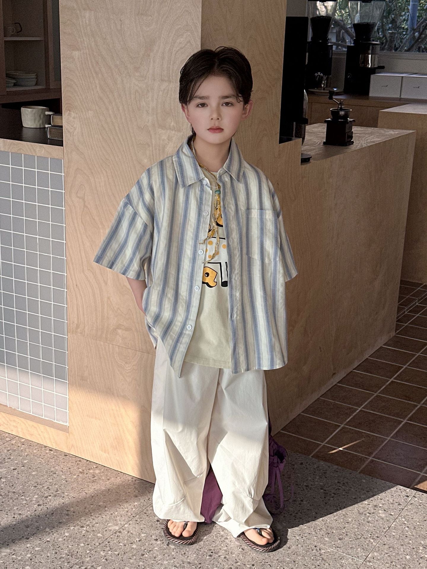 Children's Summer Cotton Short-sleeved Striped Korean Loose Woven Children's Shirt