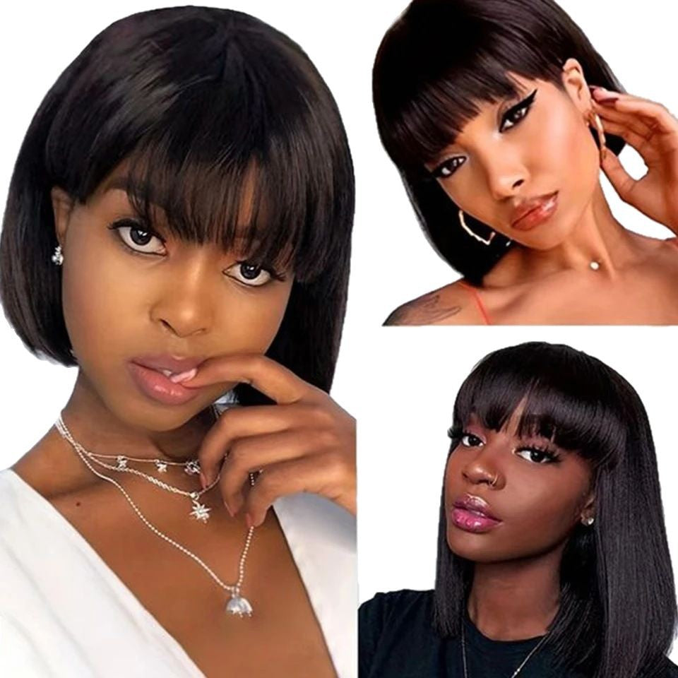 Lace Fringe Bob Brazilian Human Straight Real Hair Wig